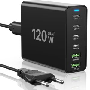 Cargador USB PD de 120W 5 puertos 2USB-A + 3USB-C PD QC3.0 Adaptador de carga rápida de pa