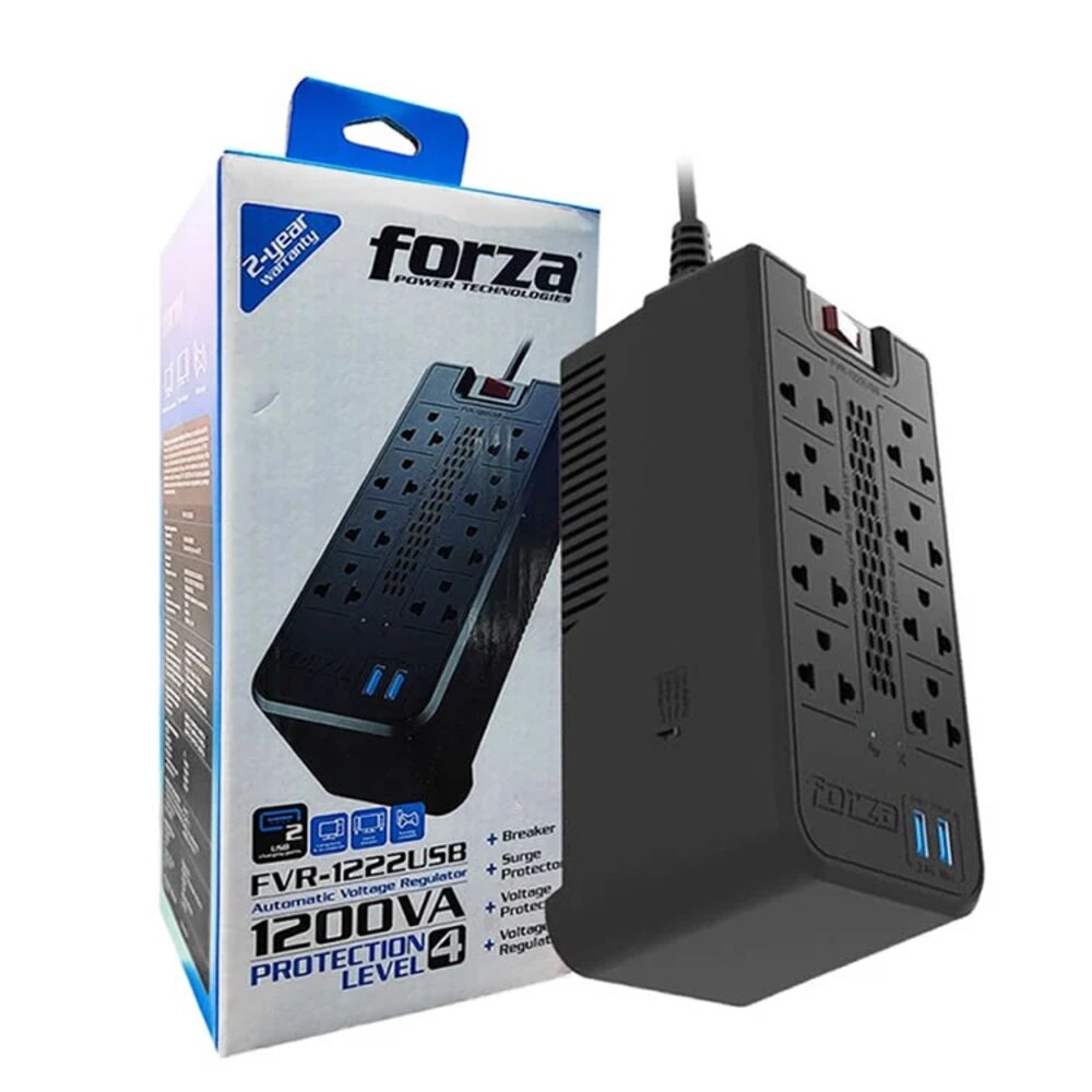 ESTABILIZADOR 1200VA(600W) FORZA FVR-1222USB 8-Tomas 2pt-USB Proteccion inteligente frente