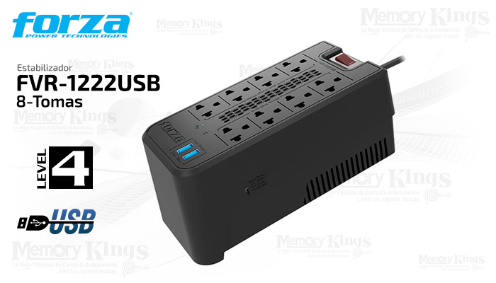 ESTABILIZADOR 1200VA(600W) FORZA FVR-1222USB 8-Tomas 2pt-USB Proteccion inteligente frente