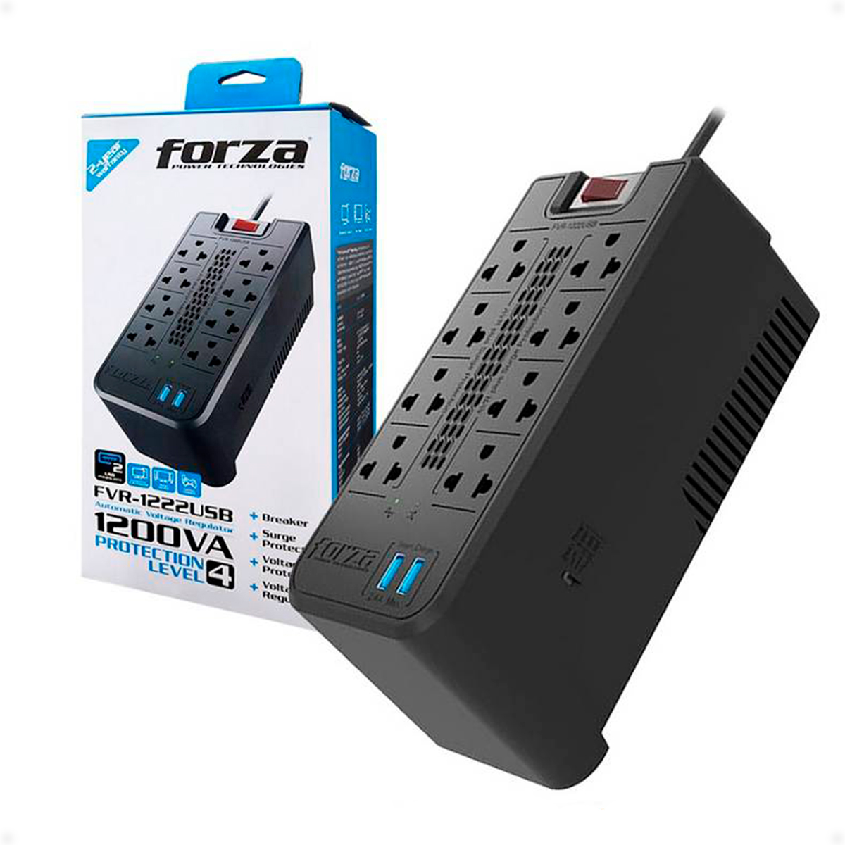 ESTABILIZADOR 1200VA(600W) FORZA FVR-1222USB 8-Tomas 2pt-USB Proteccion inteligente frente