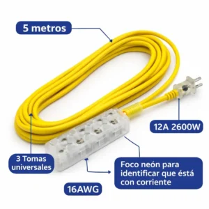 Extensión Eléctrica Home Light 5 Metros 3 Tomas Universales 16AWG 12A 2600W Amarilla